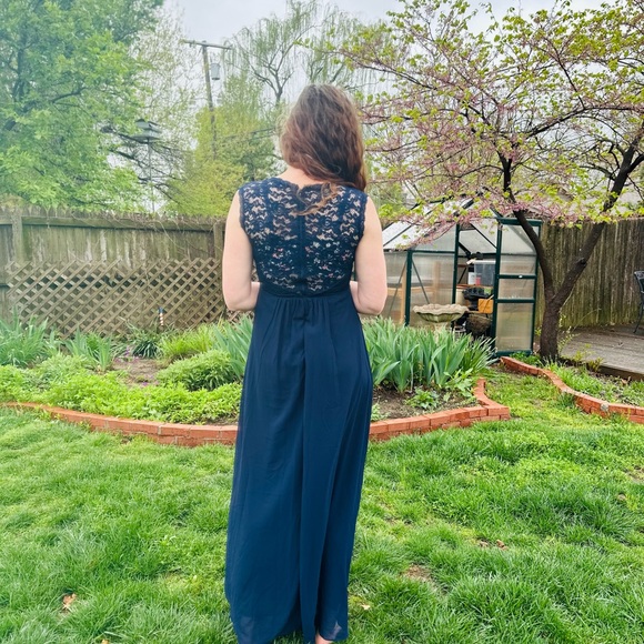 Navy Lace-Top Maxi Dress - Small - Bridesmaid Dress - Prom - Formal - Cap Sleeve - Picture 3 of 10